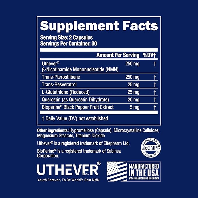 BONE SCIENCE Uthever NMN & Pterostilbene 6-in-1 Complex with Resveratrol, Glutathione & BioPerine - High Purity Stabilized NAD+ Precursor for Healthy Aging & Cellular Energy - 60 Vegetarian Capsules