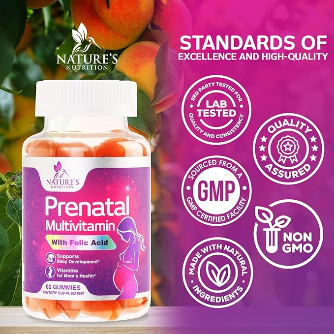Prenatal Vitamins for Women - Pregnancy Vitamins Gummies with Folic Acid, Vitamin A, C, D3, B12, B6 - Prenatal Multivitamin Gummy for for Fetal Support, Pregnant & Nursing Women - 60 Gummies