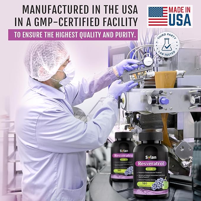 SYLAN Resveratrol Supplement, 1000mg, 180 Veggie Capsules, Antioxidant, Supports Heart, Joint, Brain, Immune Health & Anti-Aging, Non-GMO, Made in USA, Resveratrol 500mg Powder per Capsul