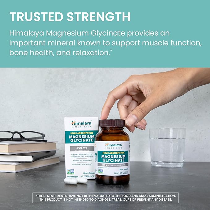 Himalaya Magnesium Glycinate, 60 Vegan Capsules, High Absorption Dietary Supplement for Muscle Function, Bone Health, and Relaxation, Chelated, Non-GMO, Gluten-Free, 200mg per 2 Capsule Serving