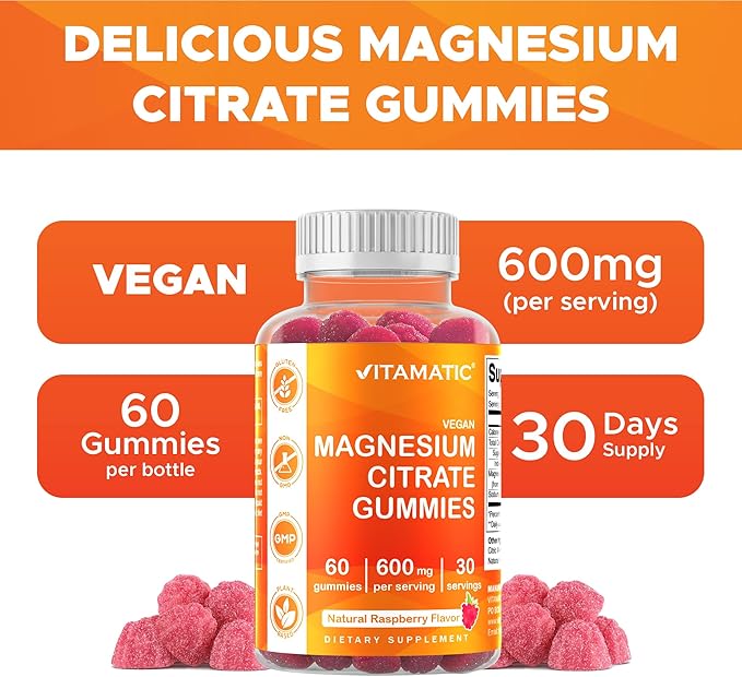 Vitamatic Magnesium Gummies 600mg per Serving – 60 Vegan Count for Relaxation, Muscle, Bone, and Energy Support