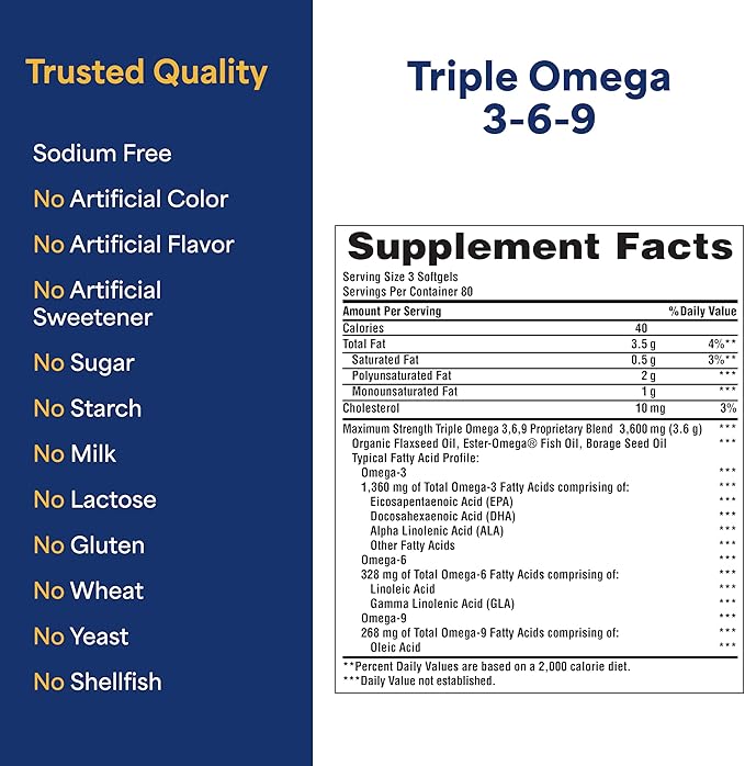 Puritan's Pride Premium Maximum Strength Triple Active Omega 3-6-9 Fish, Flax, and Borage Oils, Dietary Supplement for Heart, Joint, and Cellular Health Support, 240 Rapid Release Softgels