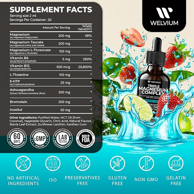 Triple Magnesium Complex Liquid Drops - Magnesium Glycinate Supplement with L-Threonate, Taurate - Ashwagandha, L-Theanine, 5-HTP, Vitamins B6, B12, Bromelain, Inositol for Mineral Balance