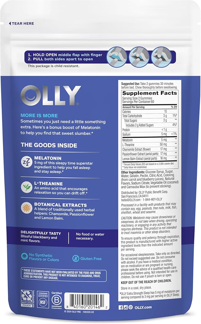 OLLY Extra Strength Sleep Gummy, 5 mg Melatonin, L-Theanine, Chamomile, Lemon Balm Extracts, Sleep Aid, BlackBerry Flavor - 120 Count