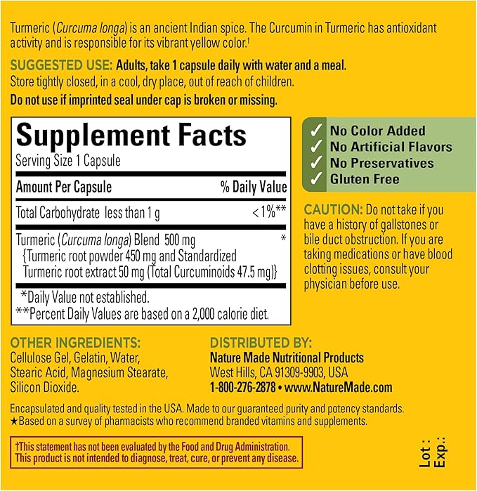Nature Made Turmeric Curcumin 500 mg, Herbal Supplement for Antioxidant Support, 60 Capsules, 60 Day Supply