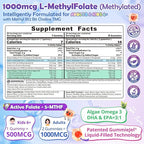L-Methylfolate 1000 mcg + Methyl B12 Gummies for Kids & Adults - Active 5-MTHF, w/Omega-3 DHA & EPA(3:1), Choline & TMG, B6, Supports MTHFR Gene, Brain, Energy & Methylation, Sugar free, 120 Cts