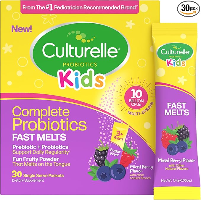 Culturelle® Kids Complete Probiotics Fast Melts Mixed Berry Flavor 30 Count Sugar Free‡ Prebiotic + Probiotic Powder for Digestive and Immune Health, Supports Daily Regularity *