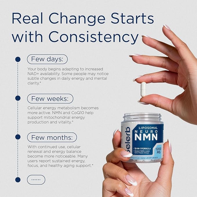 NMN Supplement Liposomal Neuro NMN with Resveratrol, TMG, Quercetin, CoQ10, Rhodiola, NAC, Astaxanthin & Magnesium NAD+ Precursor Supports Brain Cellular Energy & NAD+ Levels | 60 Delayed Release Caps