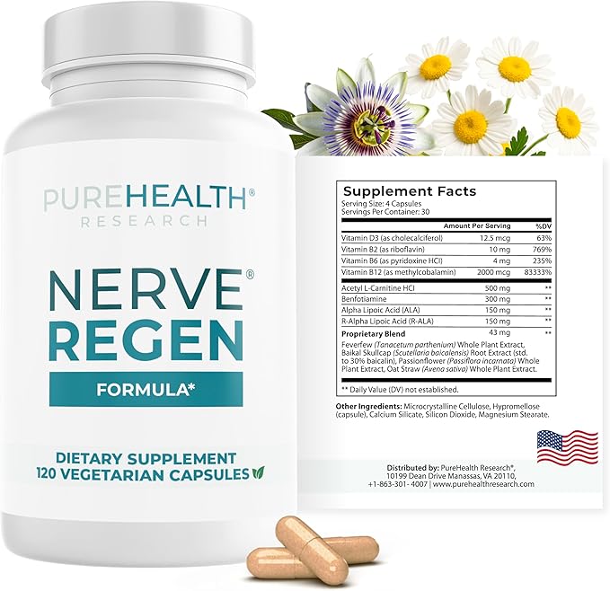 PUREHEALTH RESEARCH Nerve Regen Formula - Nerve Support Supplement for Feet & Hands - with Alpha Lipoic Acid ALA, Benfotiamine, Acetyl L-Carnitine, Riboflavin, Vitamin B6, B12, D & More - 120 Capsules