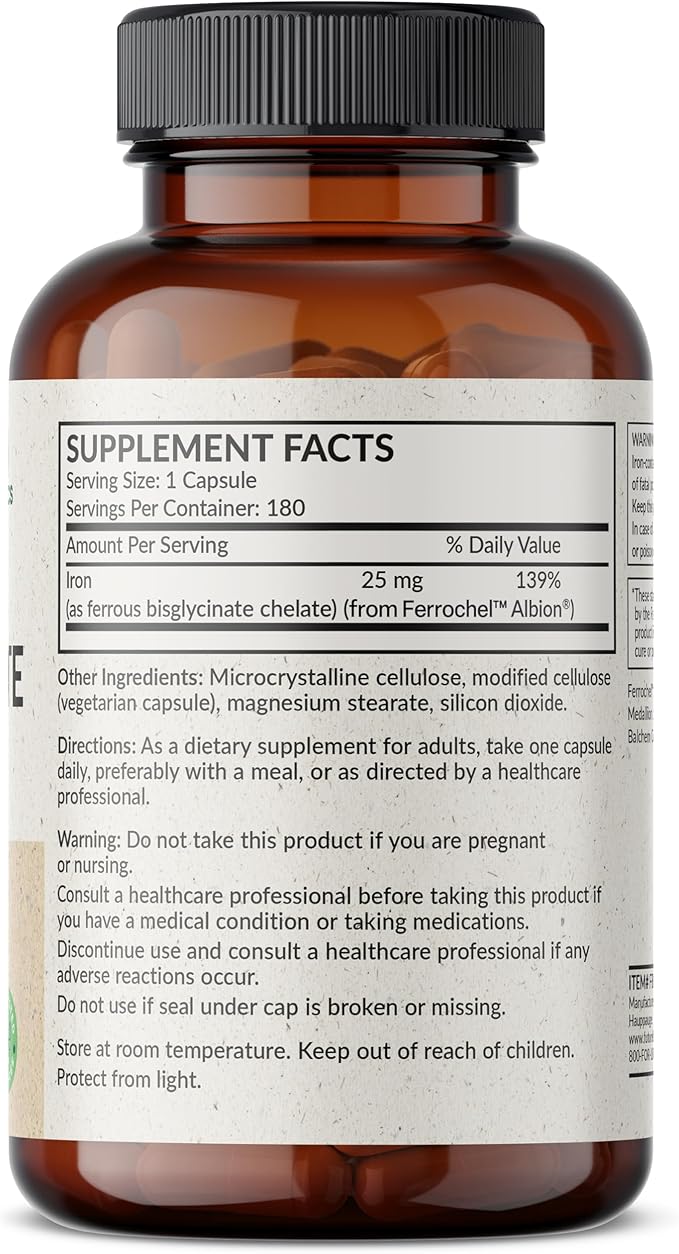 Futurebiotics Iron Bisglycinate 25mg Gentle on The Stomach, Supports Energy & Healthy Red Blood Cell Production - Non-Constipating Formula - Non GMO, 180 Vegetarian Capsules