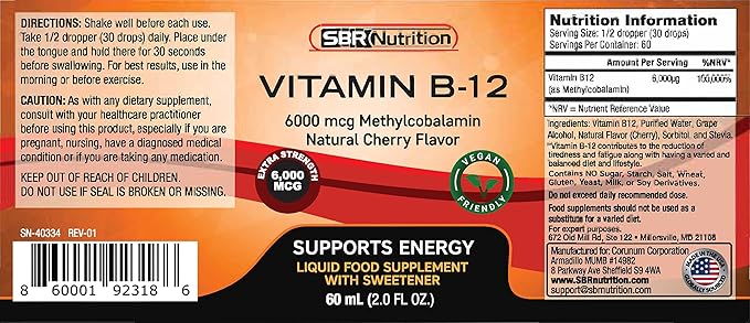 SBR Nutrition Extra Strength 6000mcg Vitamin B12 Sublingual Liquid Drops - Methylcobalamin, VIT B 12 Supports Energy, Max Absorption, 60 Servings, Non-GMO, Vegan Friendly, Manufactured in The USA