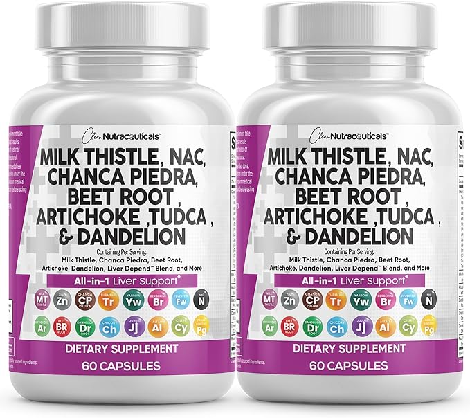 Clean Nutraceuticals Milk Thistle NAC Chanca Piedra Beet Root Artichoke Astragalus Dandelion Root - Liver Cleanse Supplement Plus TUDCA Choline & Ginger - 2Pack