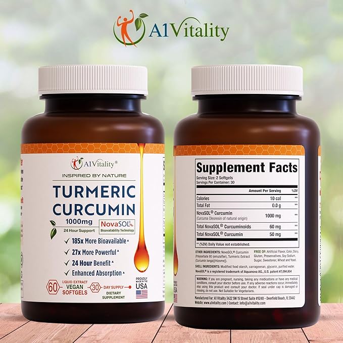 A1Vitality NovaSOL Turmeric Curcumin 1000mg – Clinically Proven 185x Higher Absorption – Promotes Joint Comfort, Mobility & Overall Wellness – Non-GMO, Doctor Formulated, 60 Softgels.