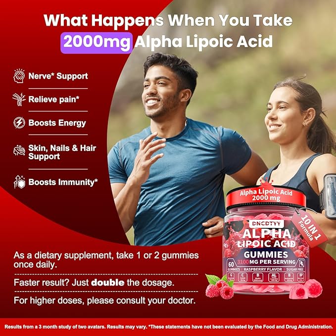 Alpha Lipoic Acid Gummies 2000mg Triple Strength Neuropathy Supplements - Liposomal ALA Complex for Brain & Liver & Skin and Nerve* Support, Sugar Free, 60 Counts, Raspberry Flavor