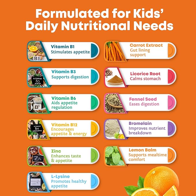 Appetite Booster Drops for Kids - Toddler Liquid Formula to Support Healthy Nutrient Absorption with Vitamins B1 B3 B6 B12 Zinc & L-Lysine - Ages 2+ - Sugar-Free 2 Fl Oz