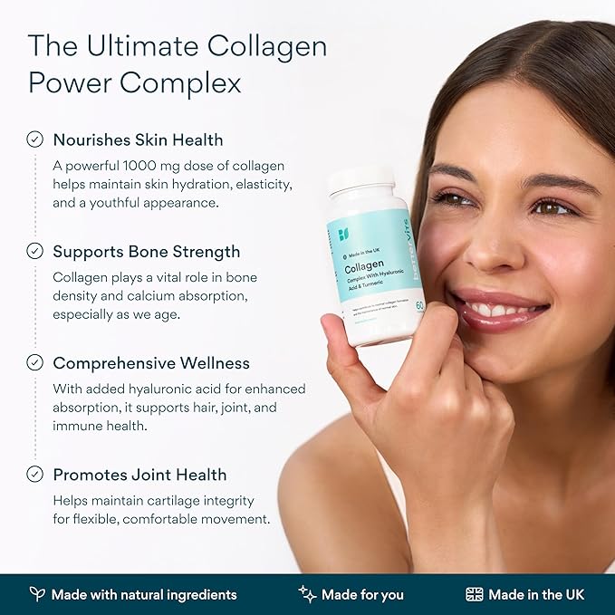 Bettervits Collagen Peptides Complex with Hyaluronic Acid & Turmeric | Hydrolyzed Marine Collagen Supplements for Women & Men | Collagen with Vitamin C for Skin, Hair, Nails & Joints – 60 Capsules