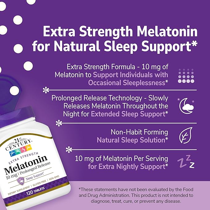 21st Century Melatonin 10mg Extra Strength Tablets, (120 Count), Prolonged Release Sleep Aid for Adults, Promotes Relaxation & Restful Sleep, Non-Habit Forming, Gluten-Free, Non-GMO