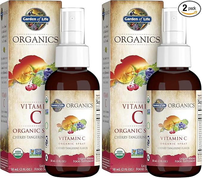 Garden of Life Organics Vitamin C Spray for Kids and Adults - Cherry Tangerine,Vitamin C Supplement,Antioxidant for Immune Support and Skin Health,2 fl oz Liquid Drops,(Pack of 2)