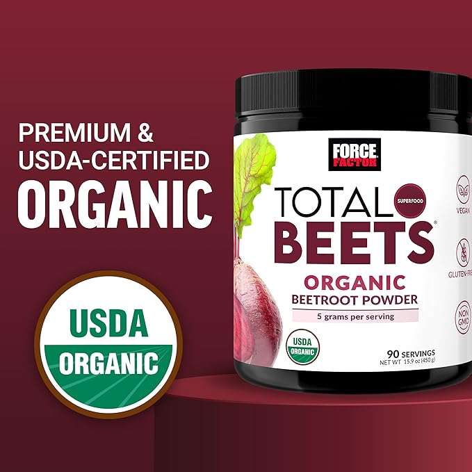 Force Factor Total Beets Organic Beetroot Powder Superfood to Boost Daily Nutrition, USDA Organic, Vegan, Gluten-Free, and Non-GMO Beet Supplement, Unflavored, 90 Servings