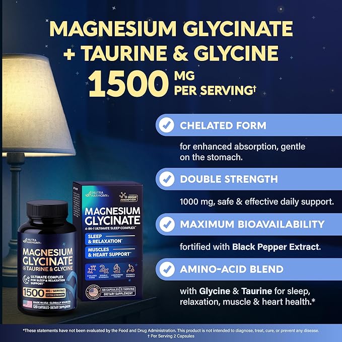 Magnesium Glycinate - Sleep & Relaxation Support - Extra Strength Glycinate, Glycine & Taurine 1500 mg - Magnesium Supplement for Women & Men - Chelated & High Absorption - Made in USA - 120 Capsules