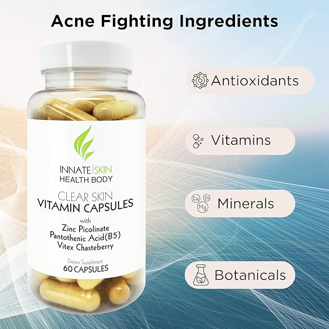 Clear Skin Acne Vitamins Capsules | Complexion Supplements with Pantothenic Acid B5, Zinc Picolinate, Vitex Chasteberry | 60 Count
