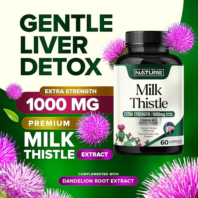 Built by Nature Milk Thistle Liver Detox Supplement with Silymarin Extract & Dandelion Root – Gentle Herbal Liver Cleanse for Men & Women - Liver Health Support - Non-GMO - 60 Veggie Capsules