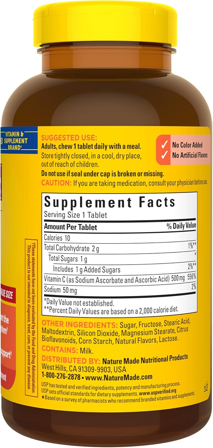 Nature Made Chewable Vitamin C 500 mg, Dietary Vitamin C Supplement for Immune Support, 150 Tablets, 150 Day Supply