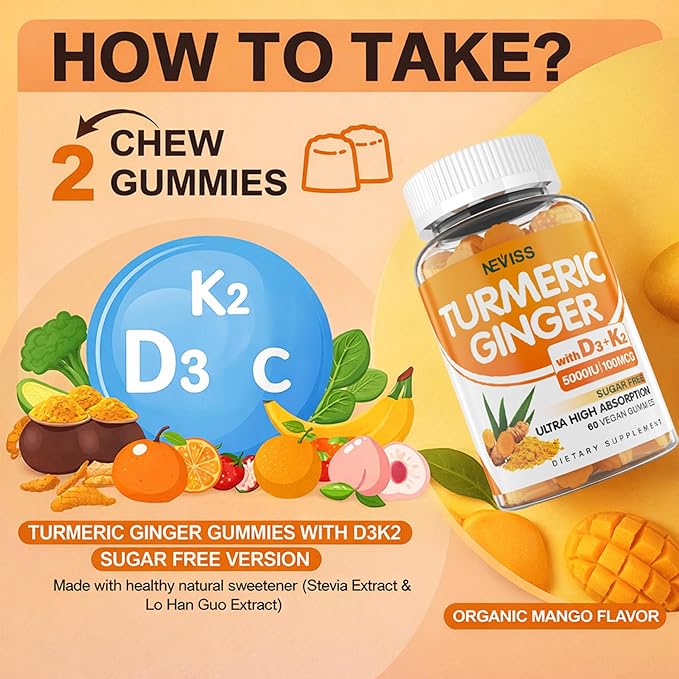 Sugar Free Turmeric Ginger Gummies 1500mg with Vitamin D3 5000IU & K2 for Women & Men, Curcumin Ginger Gummies for Adults for Immune & Digestive Support - Vegan, Mango Flavor, 60 Count