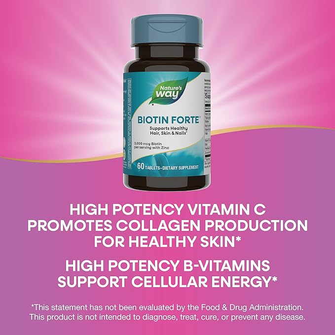 Nature's Way Biotin Forte, Supports Healthy Hair, Skin & Nails*, Hair Skin and Nails Vitamins*, 3000 mcg Biotin per Serving, with Zinc, Vitamin C, B-Vitamins, 60 Tablets (Packaging May Vary)