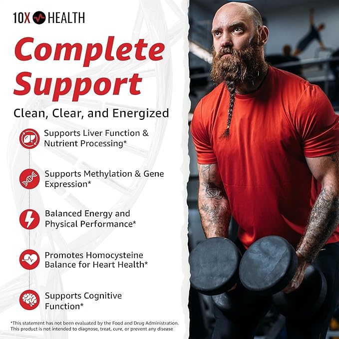 10X Health TMG Supplements - Trimethylglycine Supplement for Liver Support, Heart Wellness, Energy, Homocysteine Levels - TMG Capsules with Betaine Anhydrous - Non-GMO & Gluten-Free - 60 Capsules