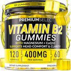 Vitamin B2 Gummies Riboflavin 400mg – 120 Gummies with Magnesium, CoQ10 & Vitamin B2 for Adults – Sugar Free B2 Vitamin 400mg for Energy, Head Comfort & Nervous System Support