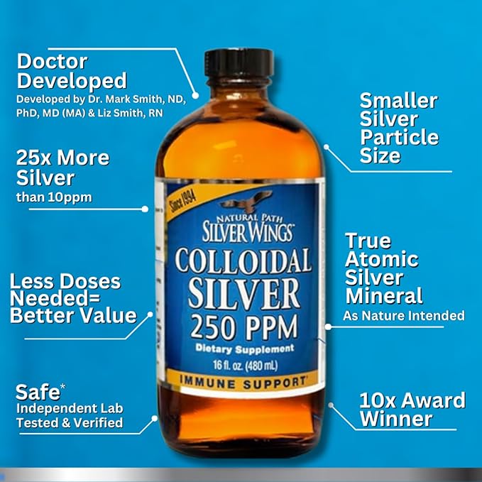 Natural Path Silver Wings Colloidal Silver Liquid - Enhanced Immune Support Supplement - 250ppm (1250mcg) - 4oz Dropper