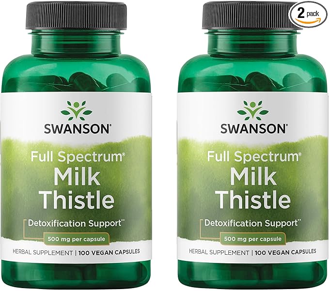 Swanson Full Spectrum Milk Thistle Liver Health Supplement for Adults Seeking Natural Detoxification and Antioxidant Support - 500 mg (100 Vegan Capsules, 2 Pack)