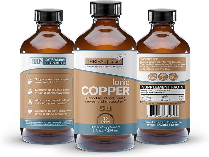 Ionic Copper Drops 30 PPM – Premium Bioavailable Liquid Copper Supplement for General Wellness & Trace Mineral Support – Amber Glass Bottle with Dropper – 8 fl oz