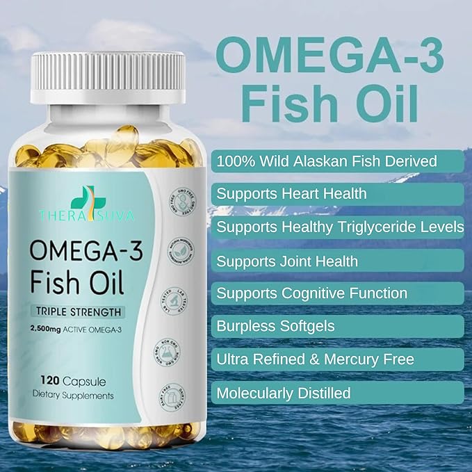 Triple Strength Wild Alaskan Fish Oil, Omega-3 2500mg, EPA 1,300mg + DHA 1,200mg, Supplement for Heart and Joint Health, 2 Month Supply, 120 Softgels