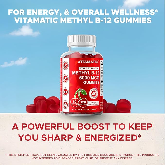 Vitamatic 2 Packs Extra Strength Vitamin B12 5000 mcg (Methyl B12) Gummies - 120 Count - Energy Metabolism Support and Nervous System Health Support, Natural Cherry Flavored