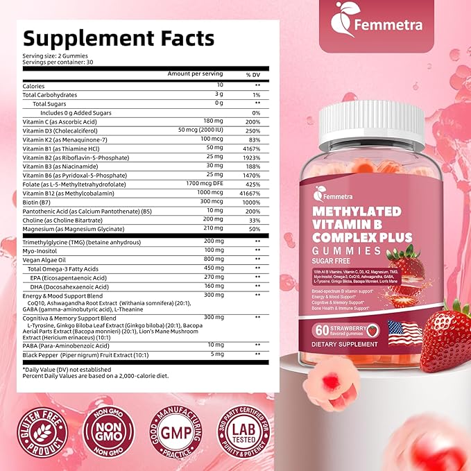 Ultra Methylated Vitamin B Complex Sugar Free Gummies - All B Vitamins + Vitamin C D3 K2 Ashwagandha Magnesium Omega 3 CoQ10 for Women Men - Methyl Vitamin B12, Methylfolate, B1, B2, B3, B5, B6, B7 B9