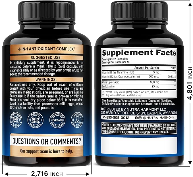 Alpha Lipoic Acid 600mg - ALA Supplement Antioxidant for Nerve, Energy & Metabolism Support - Extra Strength with Benfotiamine, B1 & B12 - Lab Tested, NON-GMO & Vegan - 180 Capsules, 3 Month Supply