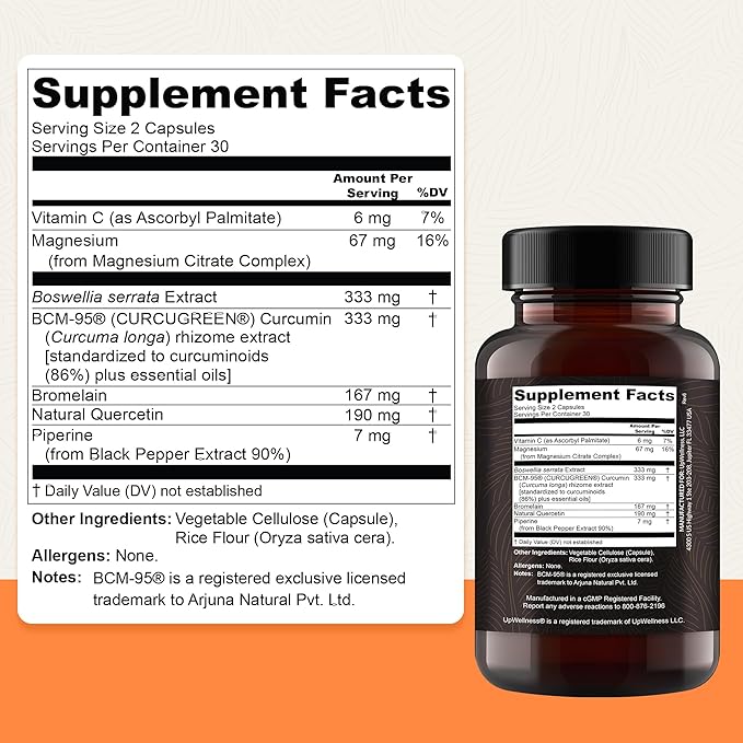 UpWellness Golden Revive + Joint Support Supplement Featuring Turmeric with Black Pepper, Quercetin, and Magnesium- Turmeric Boswellia Supplement - 6 Active Ingredients - 60 Capsules, 3 Pack