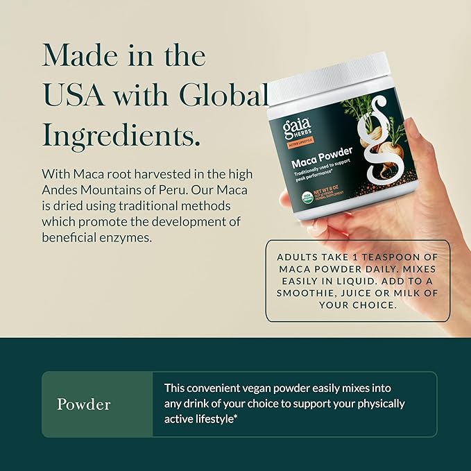 Gaia Herbs Maca Powder - Energy Supplement - Traditionally Used to Support Healthy Energy & Stamina* - Made with USDA Certified Organic Maca Root (Lepidium meyenii) - 8 Oz (69 Servings)
