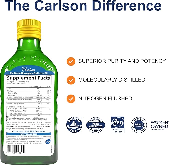 Carlson - Cod Liver Oil, 1100 mg Omega-3s, Liquid Fish Oil Supplement, Wild-Caught Norwegian Arctic, Sustainably Sourced Nordic Liquid, Lemon, 250 ml