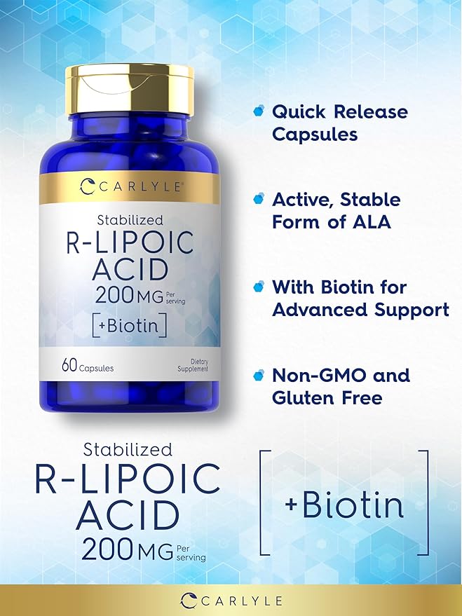 Carlyle R-Lipoic Acid 200mg | 60 Capsules | Stabilized RLA with Biotin | Non-GMO, Gluten Free