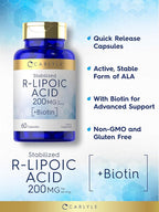 Carlyle R-Lipoic Acid 200mg | 60 Capsules | Stabilized RLA with Biotin | Non-GMO, Gluten Free
