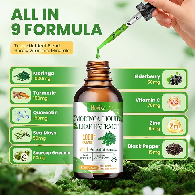 Moringa Leaf Extract Liquid Drops - Liquid Moringa Supplement 1000 mg with Turmeric, Quercetin, Elderberry, Sea Moss, Vitamin C & Zinc, for Energy Immune Antioxidant Digestive Support, 2 Fl Oz