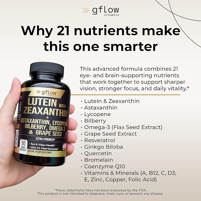 Lutein and Zeaxanthin Supplements - Advanced Eye Vitamins with Astaxanthin, Omega 3, Resveratrol, Bilberry, Lycopene, Quercetin, Ginkgo Biloba, Vitamin D | Health Vision | Made in USA