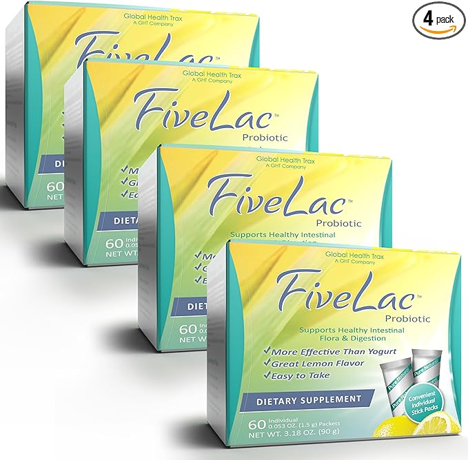 Global Health Trax GHT - FiveLac Lemon Probiotic Powder Drink Mix, Probiotics for Women, Men, Kids - Smooth Digestive Support & Elimination – Relieves Constipation & Gas - 60 Packets (4 Pack) Non-GMO