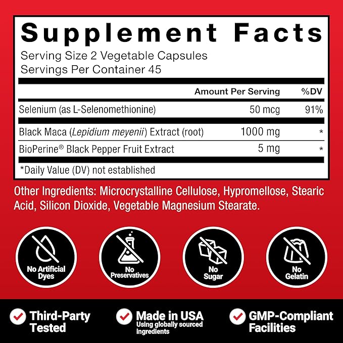 Force Factor Black Maca Root Supplement for Men, 1000mg Maca Negra Extract for Energy, Hormonal Balance & Vitality, Superior Absorption with BioPerine, 90 Capsules