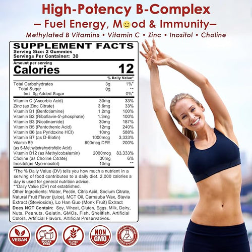 2Pack Vitamin B Complex Gummies, Vegan Vitamin B Gummies with 2000 mcg Methyl B12, Methyl Folate | Plus Choline + Inositol, Vitamin C + Zinc for Supports Energy, Mood, Immune, Healthy Hair, Skin
