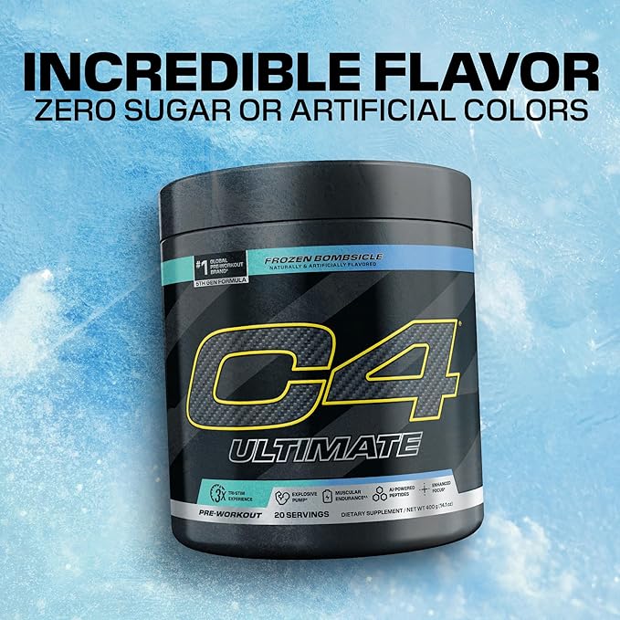 C4 Ultimate Pre Workout Powder - Sugar Free Preworkout Energy Supplement for Men & Women - 300mg Caffeine + TeaCrine + Dynamine + Creatine - Frozen Bombsicle, 20 Servings