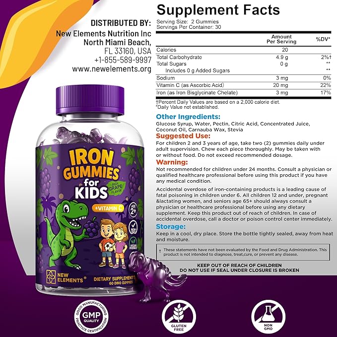 Iron Dinosaur Gummies for Kids with Vitamin C | Sugar-Free, Vegan, Gluten-Free & Non-GMO | Anemia Relief, Energy & Blood Health Support | Grape Flavor, Pectin-Based for Optimal Health
